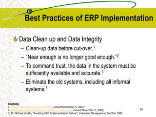 64
Best Practices of ERP Implementation
Data Clean up and Data Integrity
– Clean-up data before cut-over.1
– “Near enough is no longer good enough.”2
– To command trust, the data in the system must be
sufficiently available and accurate.3
– Eliminate the old systems, including all informal
systems.3
Sources:
1. http://www.bpic.co.uk/checklst.htm, viewed November 5, 2002;
2. http://www.projectperfect.com.au/info_erp_imp.htm, viewed November 5, 2002;
3. M. Michael Umble, “Avoiding ERP Implementation Failure”, Industrial Management, Jan/Feb 2002.
 