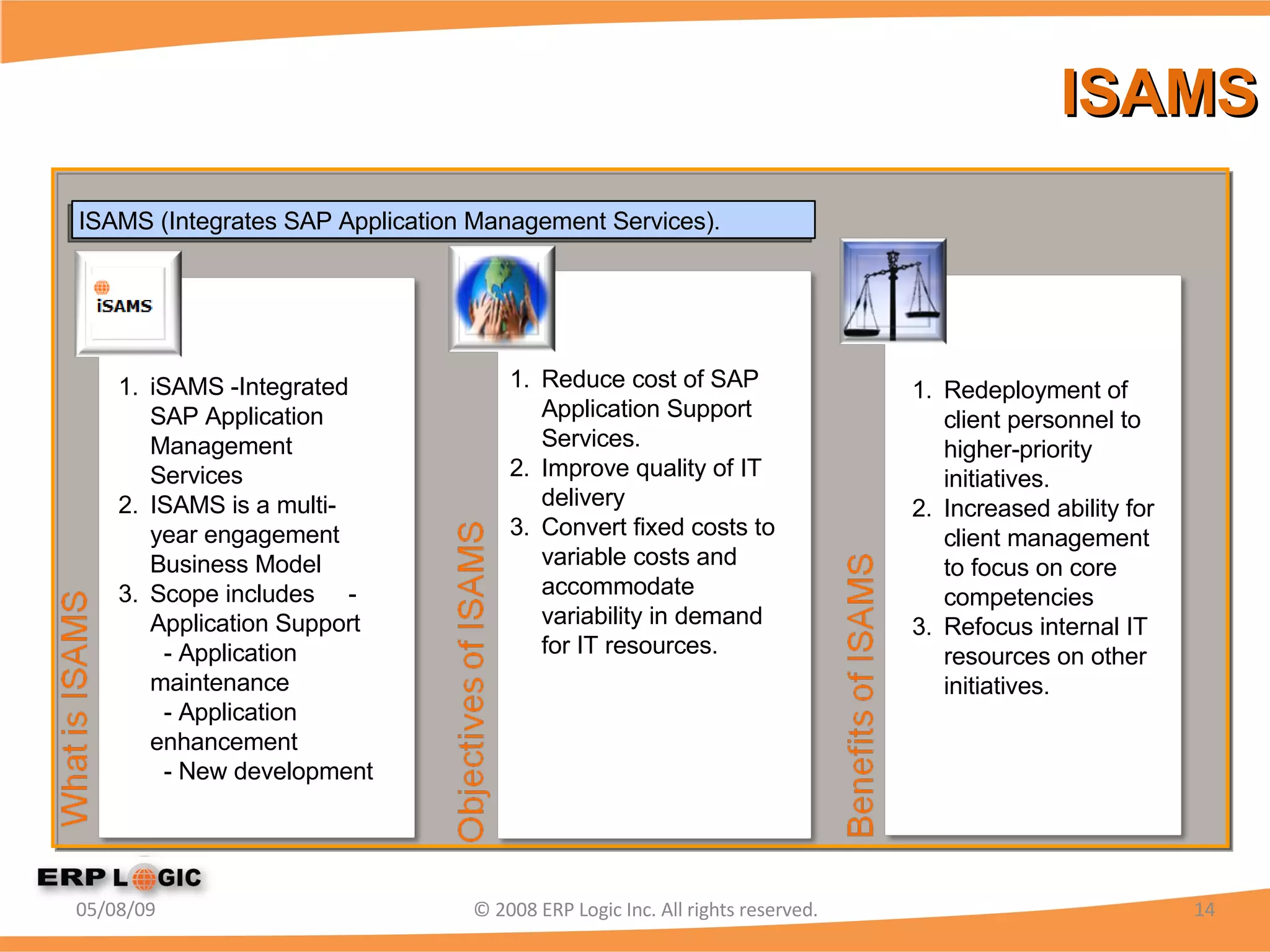 ISAMS 06/10/09 © 2008 ERP Logic Inc. All rights reserved. iSAMS -Integrated SAP Application Management Services  ISAMS is a multi-year engagement Business Model Scope includes     - Application Support   - Application maintenance   - Application enhancement   - New development Reduce cost of SAP Application Support Services.   Improve quality of IT delivery Convert fixed costs to variable costs and accommodate variability in demand for IT resources. Redeployment of client personnel to higher-priority initiatives.  Increased ability for client management to focus on core competencies Refocus internal IT resources on other initiatives. ISAMS (Integrates SAP Application Management Services).  