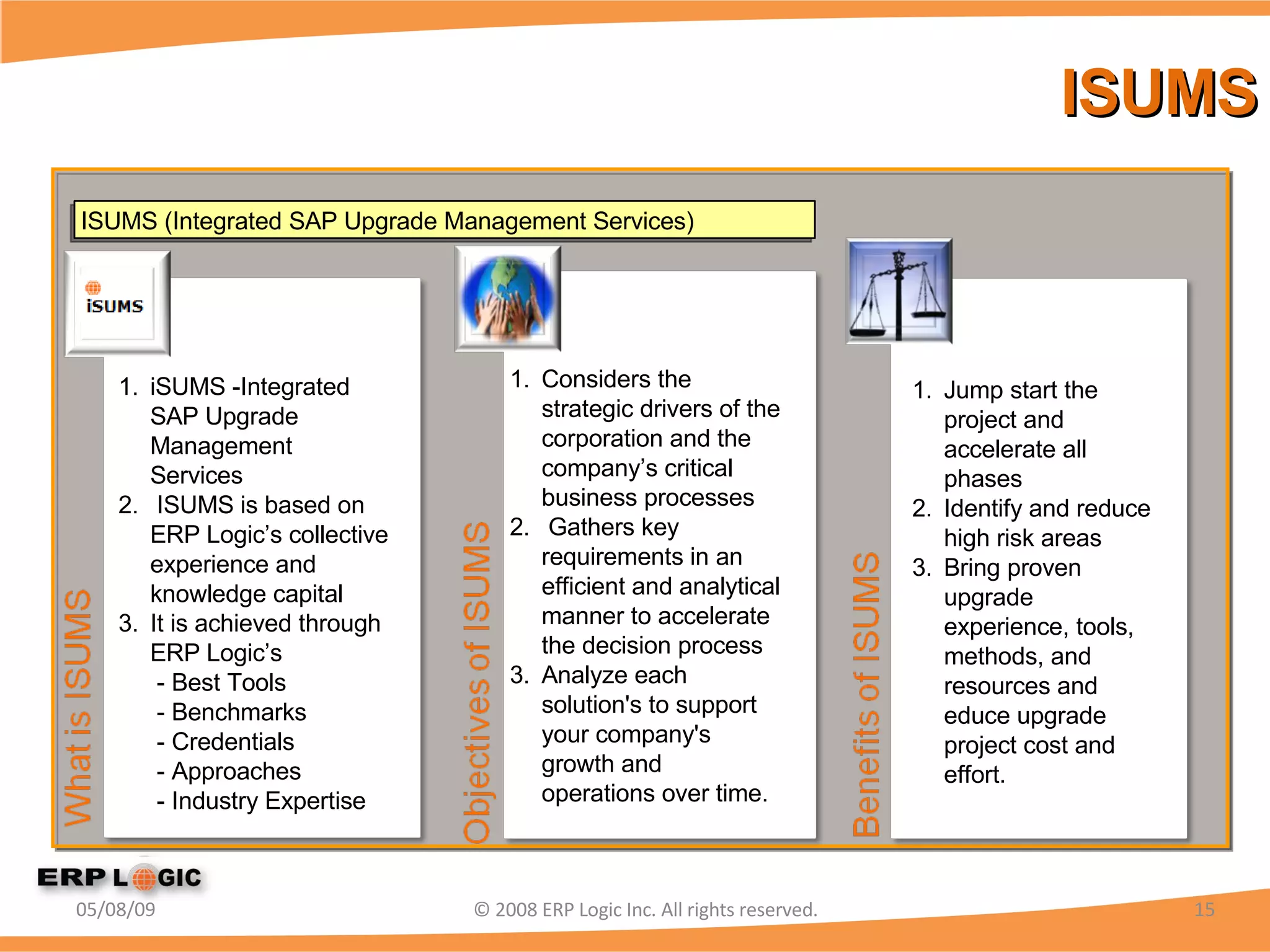 ISUMS 06/10/09 © 2008 ERP Logic Inc. All rights reserved. iSUMS -Integrated SAP Upgrade Management   Services ISUMS is based on ERP Logic’s collective experience and knowledge capital  It is achieved through ERP Logic’s  - Best Tools  - Benchmarks  - Credentials  - Approaches  - Industry Expertise Considers the strategic drivers of the corporation and the company’s critical business processes Gathers key requirements in an efficient and analytical manner to accelerate the decision process Analyze each solution's to support your company's growth and operations over time. Jump start the project and accelerate all phases Identify and reduce high risk areas Bring proven upgrade experience, tools, methods, and resources and educe upgrade project cost and effort. ISUMS (Integrated SAP Upgrade Management Services) 