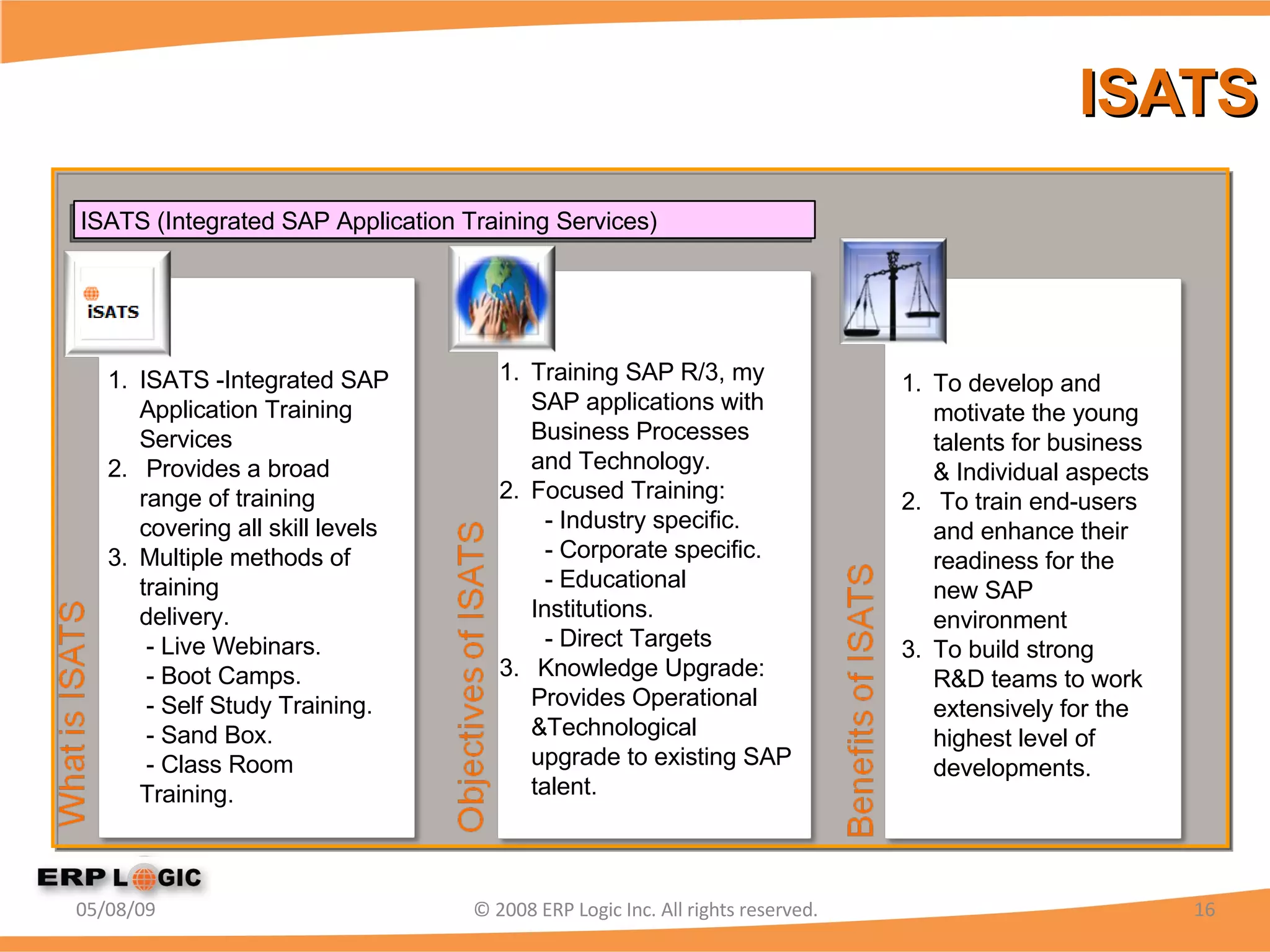 ISATS 06/10/09 © 2008 ERP Logic Inc. All rights reserved. ISATS -Integrated SAP Application Training  Services Provides a broad range of training covering all skill levels  Multiple methods of training delivery.              - Live Webinars.    - Boot Camps.  - Self Study Training.  - Sand Box.  - Class Room Training.  Training SAP R/3, my SAP applications with Business Processes and Technology. Focused Training:   - Industry specific.   - Corporate specific.   - Educational Institutions.   - Direct Targets Knowledge Upgrade: Provides Operational &Technological upgrade to existing SAP talent. To develop and motivate the young talents for business & Individual aspects To train end-users and enhance their  readiness for the new SAP environment To build strong R&D teams to work extensively for the highest level of developments. ISATS (Integrated SAP Application Training Services) 