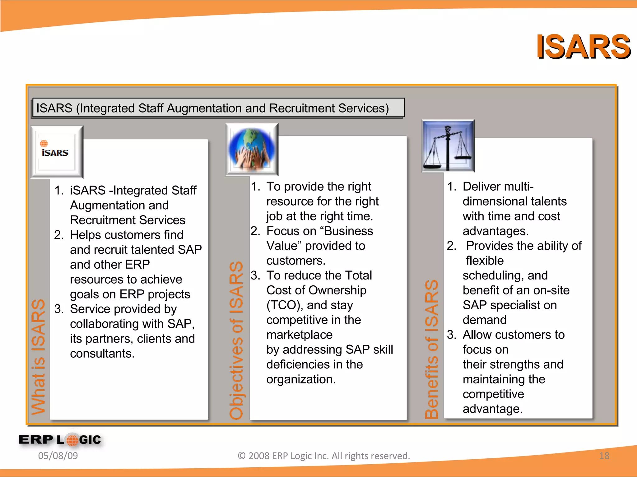 ISARS 06/10/09 © 2008 ERP Logic Inc. All rights reserved. iSARS -Integrated Staff Augmentation and Recruitment Services Helps customers find and recruit talented SAP and other ERP resources to achieve goals on ERP projects Service provided by collaborating with SAP, its partners, clients and consultants. To provide the right resource for the right job at the right time. Focus on “Business Value” provided to  customers. To reduce the Total Cost of Ownership (TCO), and stay competitive in the marketplace by addressing SAP skill deficiencies in the organization. Deliver multi-dimensional talents with time and cost advantages. Provides the ability of  flexible scheduling, and   benefit of an on-site SAP specialist on demand Allow customers to focus on their strengths and maintaining the competitive advantage.  ISARS (Integrated Staff Augmentation and Recruitment Services) 