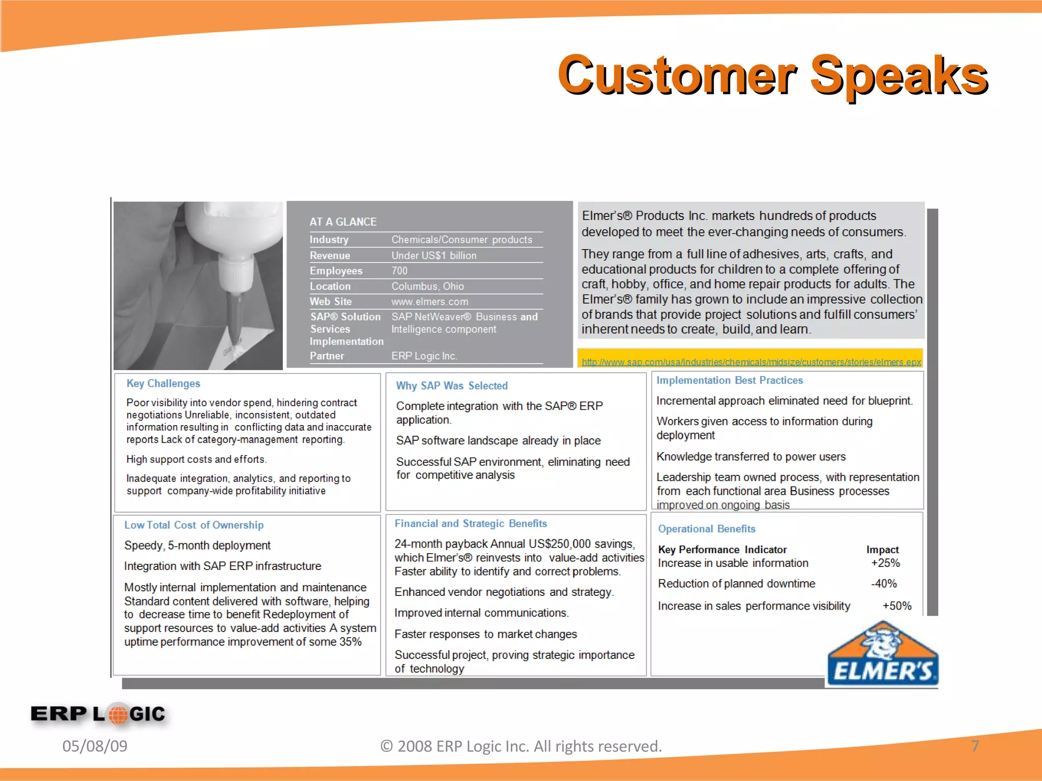 Customer Speaks 06/10/09 © 2008 ERP Logic Inc. All rights reserved. 