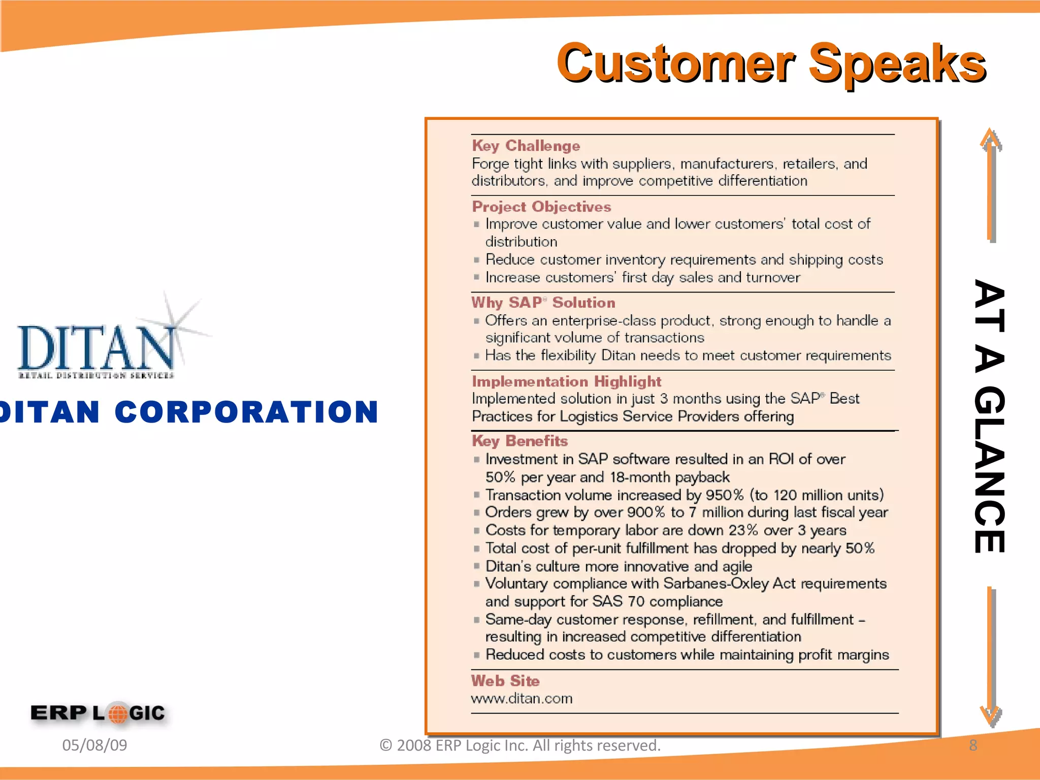 Customer Speaks 06/10/09 © 2008 ERP Logic Inc. All rights reserved. DITAN CORPORATION AT A GLANCE 
