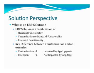 Solution Perspective
What is an ERP Solution?
ERP Solution is a combination of
Standard Functionality
Customization to Standard FunctionalityCustomization to Standard Functionality
Extended Functionality
Key Difference between a customization and an
extension
Customization Impacted by App Upgrade
Extension Not Impacted by App Upg.
 
