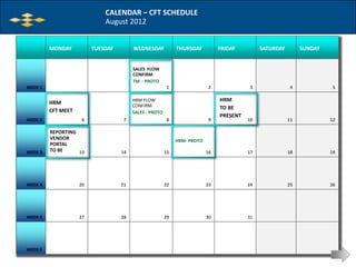 CALENDAR - CFT SCHEDULE CALENDAR – CFT SCHEDULE
August 2012             August 2012


             MONDAY          TUESDAY        WEDNESDAY            THURSDAY          FRIDAY         SATURDAY        SUNDAY


                                            SALES FLOW
                                            CONFIRM
                                            TM - PROTO
    WEEK 1                                                   1                 2              3               4             5


             HRM                            HRM FLOW                               HRM
                                            CONFIRM                                TO BE
             CFT MEET                       SALES - PROTO
                                                                                   PRESENT
    WEEK 2               6              7                    8                 9             10              11            12

             REPORTING
             VENDOR                                              HRM- PROTO
             PORTAL
    WEEK 3   TO BE     13              14                   15                16             17              18            19




    WEEK 4              20             21                   22                23             24              25            26




    WEEK 5              27             28                   29                30             31




    WEEK 6                                                                                                                  8
 