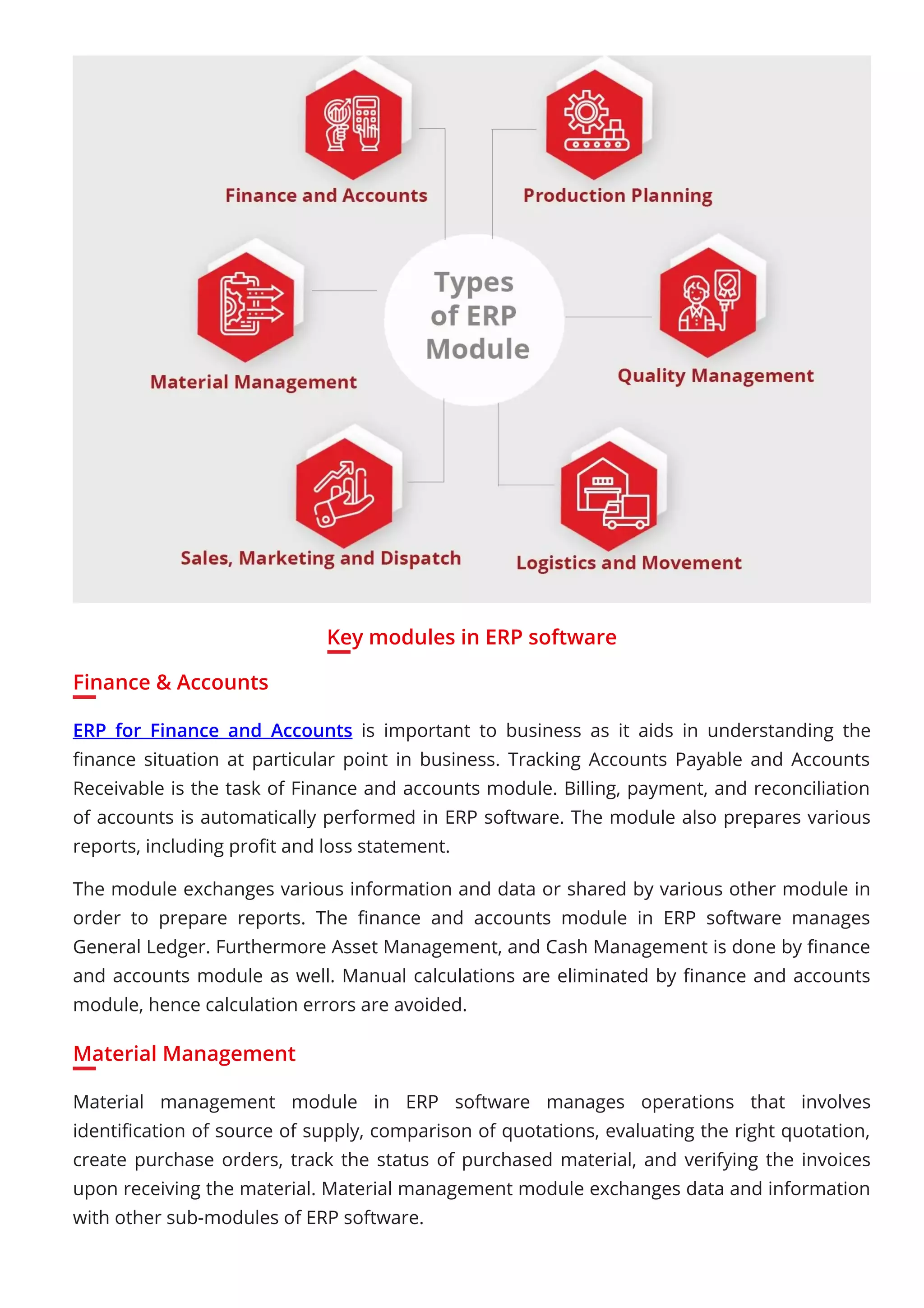 Key modules in ERP software
Finance & Accounts
ERP for Finance and Accounts is important to business as it aids in understanding the
ﬁnance situation at particular point in business. Tracking Accounts Payable and Accounts
Receivable is the task of Finance and accounts module. Billing, payment, and reconciliation
of accounts is automatically performed in ERP software. The module also prepares various
reports, including proﬁt and loss statement.
The module exchanges various information and data or shared by various other module in
order to prepare reports. The ﬁnance and accounts module in ERP software manages
General Ledger. Furthermore Asset Management, and Cash Management is done by ﬁnance
and accounts module as well. Manual calculations are eliminated by ﬁnance and accounts
module, hence calculation errors are avoided.
Material Management
Material management module in ERP software manages operations that involves
identiﬁcation of source of supply, comparison of quotations, evaluating the right quotation,
create purchase orders, track the status of purchased material, and verifying the invoices
upon receiving the material. Material management module exchanges data and information
with other sub-modules of ERP software.
 