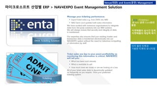 Venue(대관) and Event(공연) Management 
마이크로소프트 산업별 ERP > NAV4EXPO Event Management Solution 
ENTA (Ticketing ) 
과 NAV 공연 Event와의 
통합 
티켓매출의 실시간 집계 
티켓매출의 재입력 제거 
이미 팔린 티켓과 
가용한 티켓의 모니터링 
 