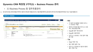 Dynamics CRM 특장점 3가지(3) > Business Process 관리 
● 모든 업무 및 정보 관리에 흐름을 부여하여, 사용자의 전체 업무 흐름을 유도하고, 다음단계를 예측하여, 실제 업무의 파악 및 단계 관리를 용이하게 할 수 있는 기능을 제공합니다. 
비즈니스 프로세스 
특징 
 각 업무 및 업종별 다양한 비즈니 
스 프로세스 적용 
 엔티티 각각에 대한 비즈니스 프로 
세스 생성/편집/적용 
 Stage별 업무 체크포인트 
 Stage별 사용자정의 
 비즈니스 프로세스 기반 업무 자동 
화 지원 
기능 
 Stage 이동 기능 
 필수 항목 설정 기능 
 비즈니스 프로세스의 필드와 폼의 
필드 연결 기능 
Process Bar 
 