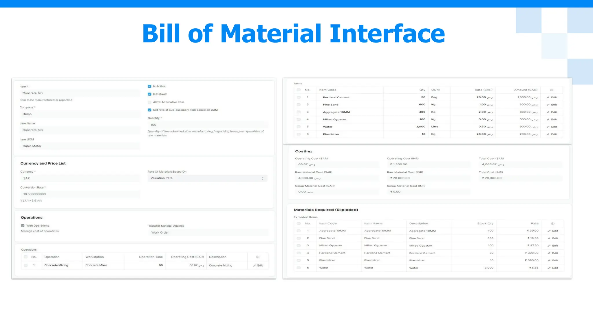 Bill of Material Interface
 