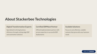 About Stackerbee Technologies
Digital Transformation Experts
Specialized in driving business
efficiency through cutting-edge ERP
and automation solutions
Certified ERPNext Partner
Official implementation partner with
proven expertise in successful ERP
deployments
Scalable Solutions
Focus on cost-effective, scalable
systems that grow with your business
needs
 