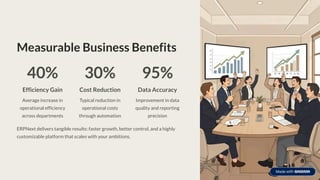 Measurable Business Benefits
40%
Efficiency Gain
Average increase in
operational efficiency
across departments
30%
Cost Reduction
Typical reduction in
operational costs
through automation
95%
Data Accuracy
Improvement in data
quality and reporting
precision
ERPNext delivers tangible results: faster growth, better control, and a highly
customizable platform that scales with your ambitions.
 