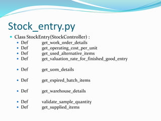 Stock_entry.py
 Class StockEntry(StockController) :
 Def get_work_order_details
 Def get_operating_cost_per_unit
 Def ...