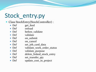 Stock_entry.py
 Class StockEntry(StockController) :
 Def get_feed
 Def onload
 Def before_validate
 Def validate
 De...