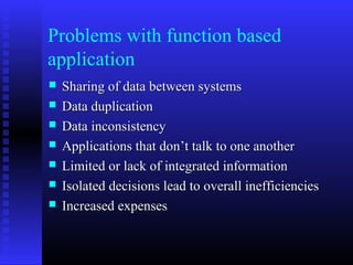 Problems with function based
application
 Sharing of data between systemsSharing of data between systems
 Data duplicationData duplication
 Data inconsistencyData inconsistency
 Applications that donApplications that don’t talk to one another’t talk to one another
 Limited or lack of integrated informationLimited or lack of integrated information
 Isolated decisions lead to overall inefficienciesIsolated decisions lead to overall inefficiencies
 Increased expensesIncreased expenses
 