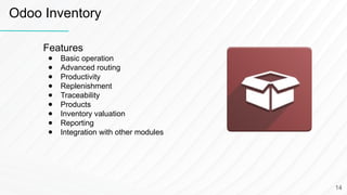 Features
● Basic operation
● Advanced routing
● Productivity
● Replenishment
● Traceability
● Products
● Inventory valuation
● Reporting
● Integration with other modules
Odoo Inventory
14
 