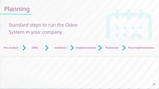 Planning
Standard steps to run the Odoo
System in your company
Pre-analysis Offer Validation Implementation Production Post-implementation
20
 