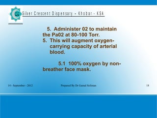 14 - September - 2012 Prepared By Dr Gamal Soliman 18
S ilv e r C r e s c e n t D is p e n s a r y – K h o b a r - K S A
5. Administer 02 to maintain
the Pa02 at 80-100 Torr.
5. This will augment oxygen-
carrying capacity of arterial
blood.
5.1 100% oxygen by non-
breather face mask.
 