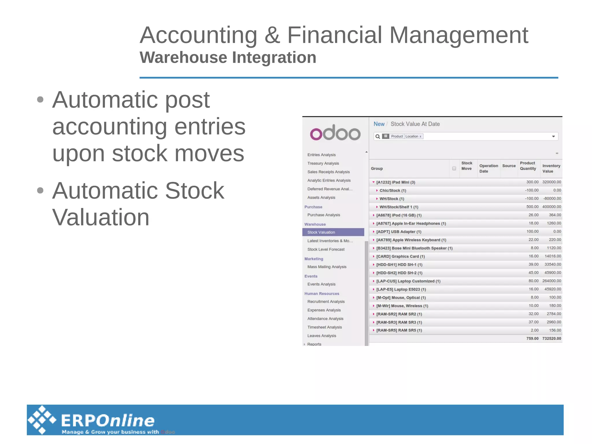 Accounting & Financial Management
Warehouse Integration
● Automatic post
accounting entries
upon stock moves
● Automatic Stock
Valuation
 
