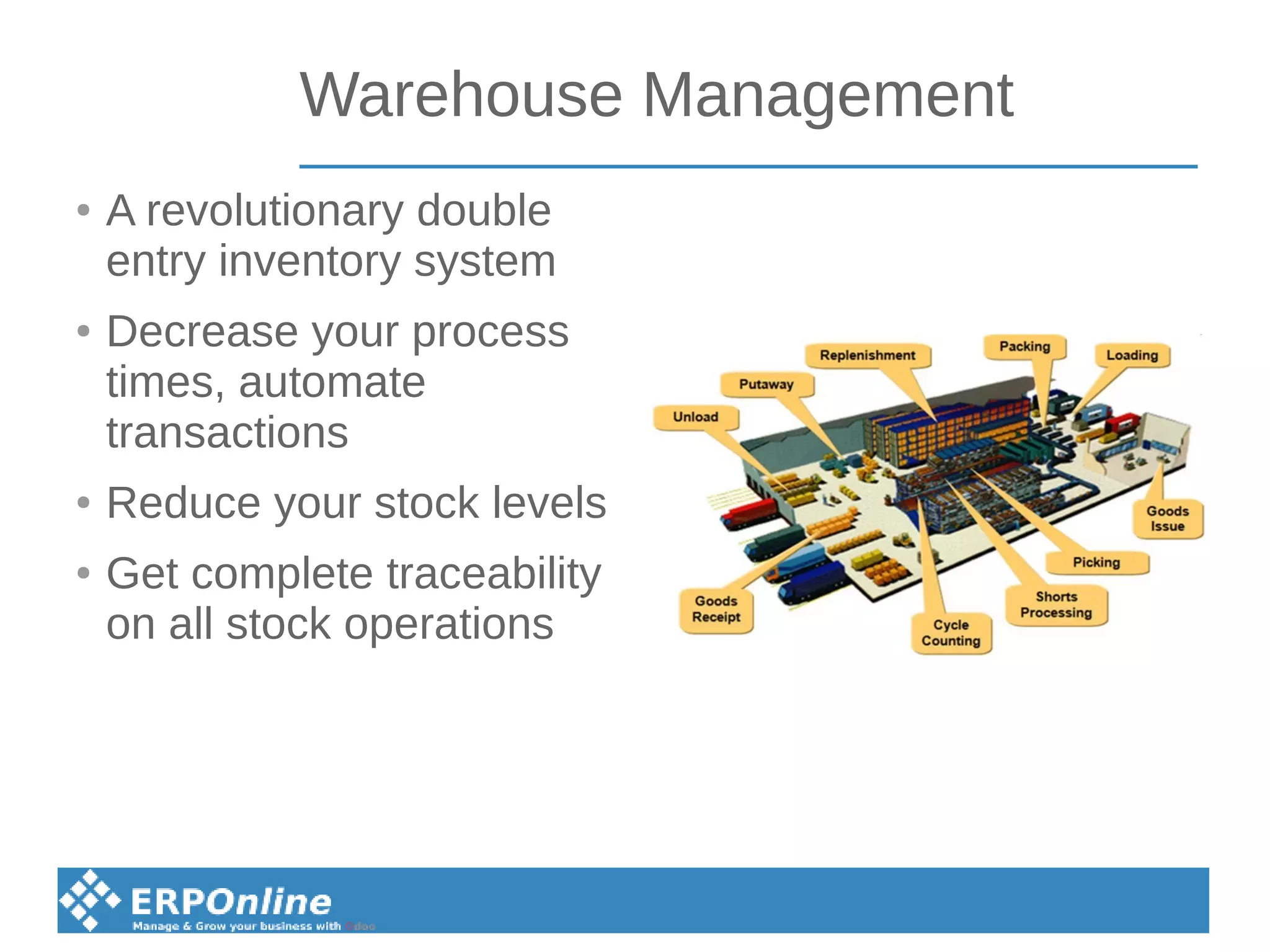 Warehouse Management
● A revolutionary double
entry inventory system
● Decrease your process
times, automate
transactions
● Reduce your stock levels
● Get complete traceability
on all stock operations
 