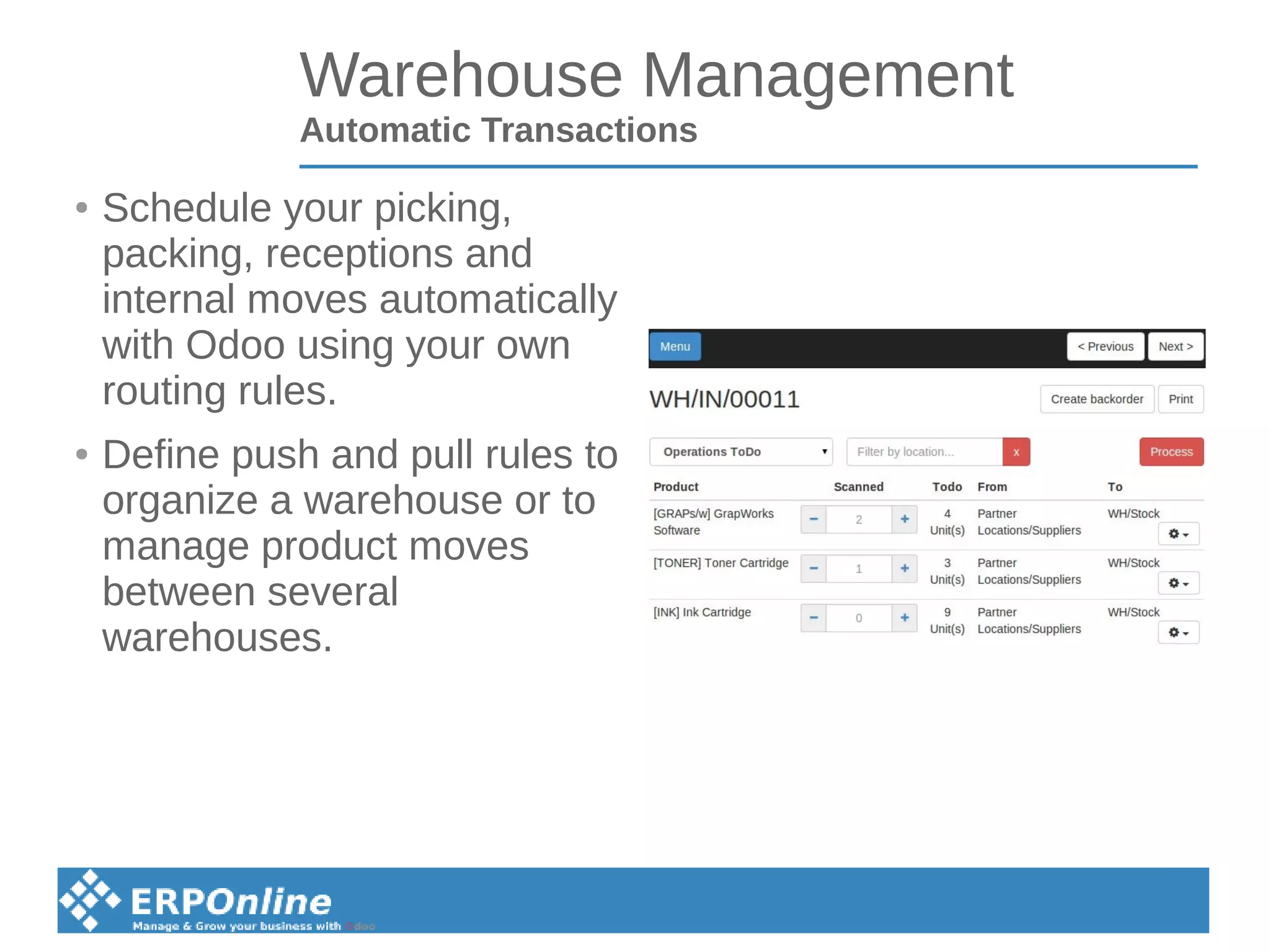 Warehouse Management
Automatic Transactions
● Schedule your picking,
packing, receptions and
internal moves automatically
with Odoo using your own
routing rules.
● Define push and pull rules to
organize a warehouse or to
manage product moves
between several
warehouses.
 