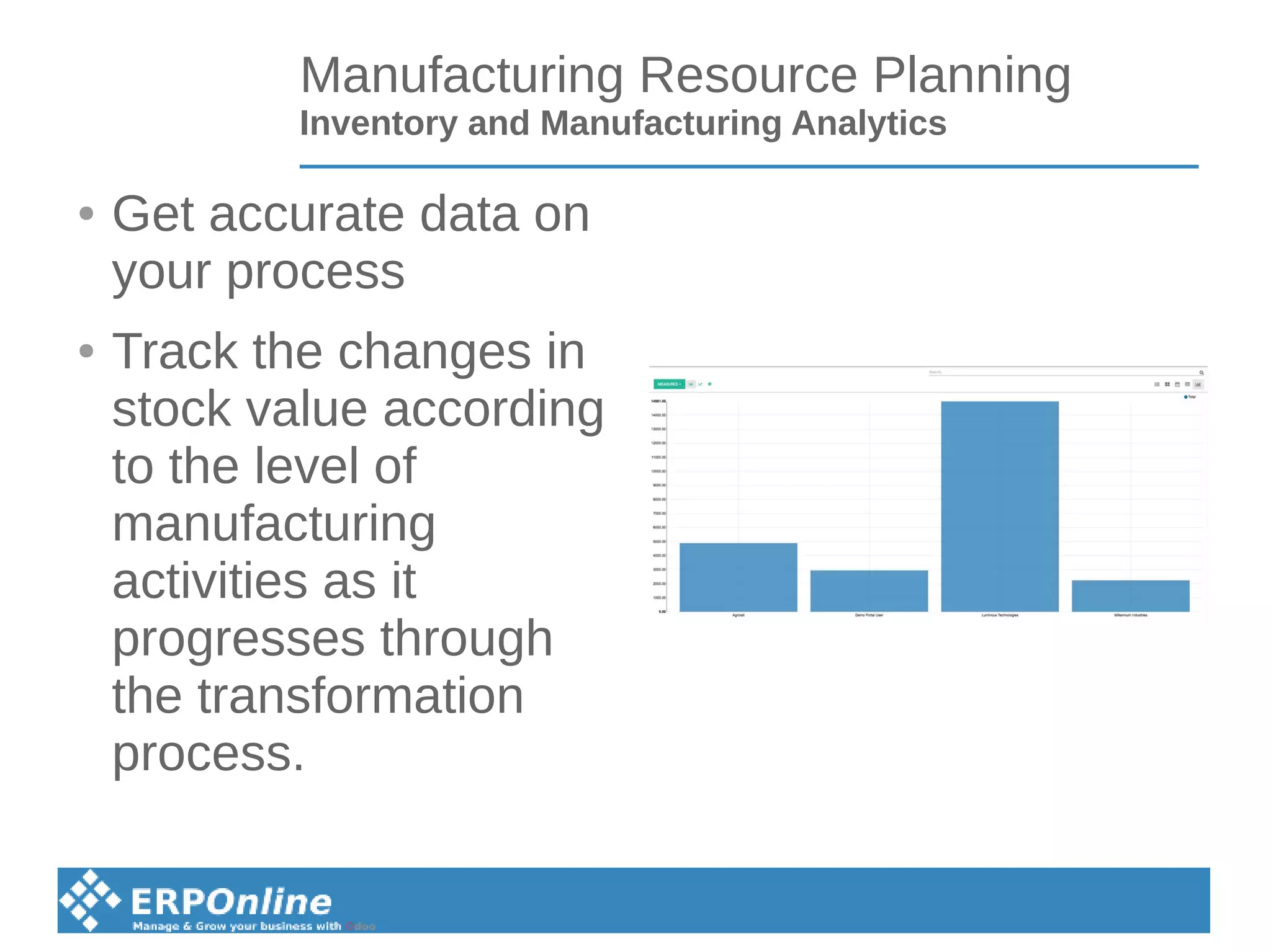 Manufacturing Resource Planning
Inventory and Manufacturing Analytics
● Get accurate data on
your process
● Track the changes in
stock value according
to the level of
manufacturing
activities as it
progresses through
the transformation
process.
 