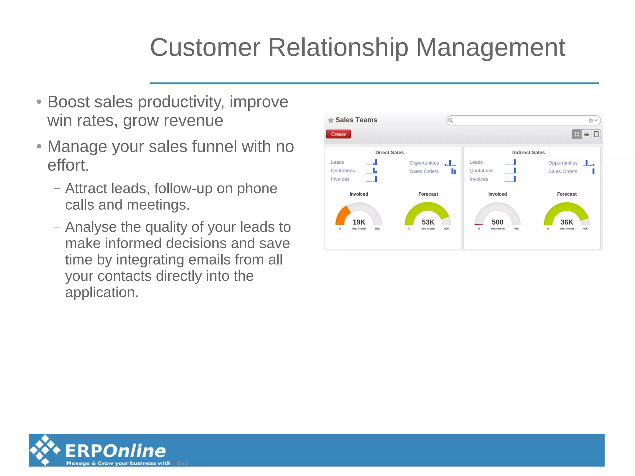 Customer Relationship Management
● Boost sales productivity, improve
win rates, grow revenue
● Manage your sales funnel with no
effort.
– Attract leads, follow-up on phone
calls and meetings.
– Analyse the quality of your leads to
make informed decisions and save
time by integrating emails from all
your contacts directly into the
application.
 