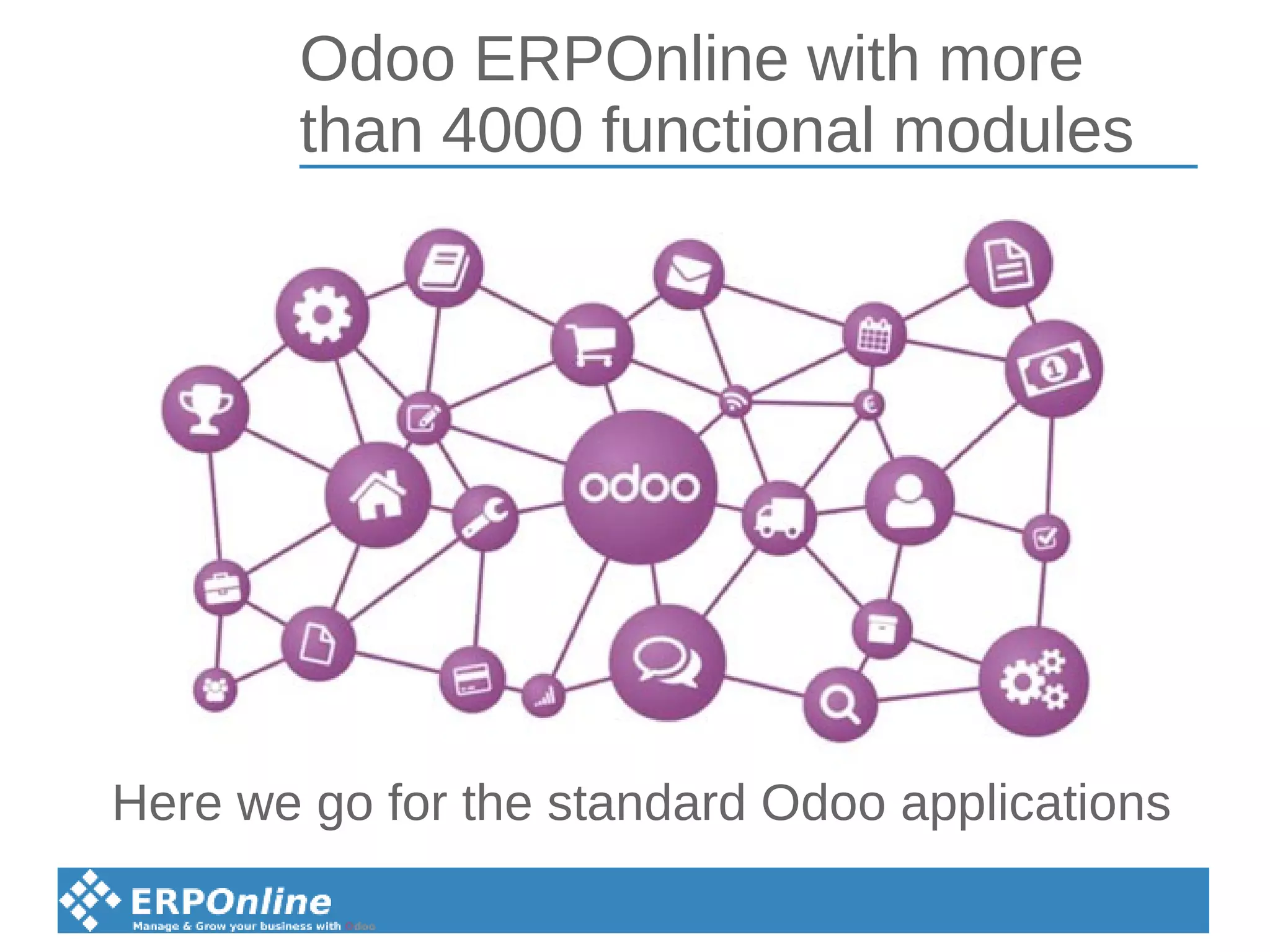 Odoo ERPOnline with more
than 4000 functional modules
Here we go for the standard Odoo applications
 