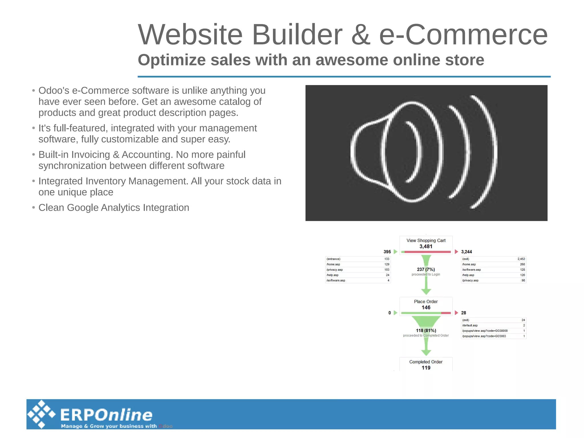 Website Builder & e-Commerce
Optimize sales with an awesome online store
●
Odoo's e-Commerce software is unlike anything you
have ever seen before. Get an awesome catalog of
products and great product description pages.
●
It's full-featured, integrated with your management
software, fully customizable and super easy.
●
Built-in Invoicing & Accounting. No more painful
synchronization between different software
●
Integrated Inventory Management. All your stock data in
one unique place
●
Clean Google Analytics Integration
 