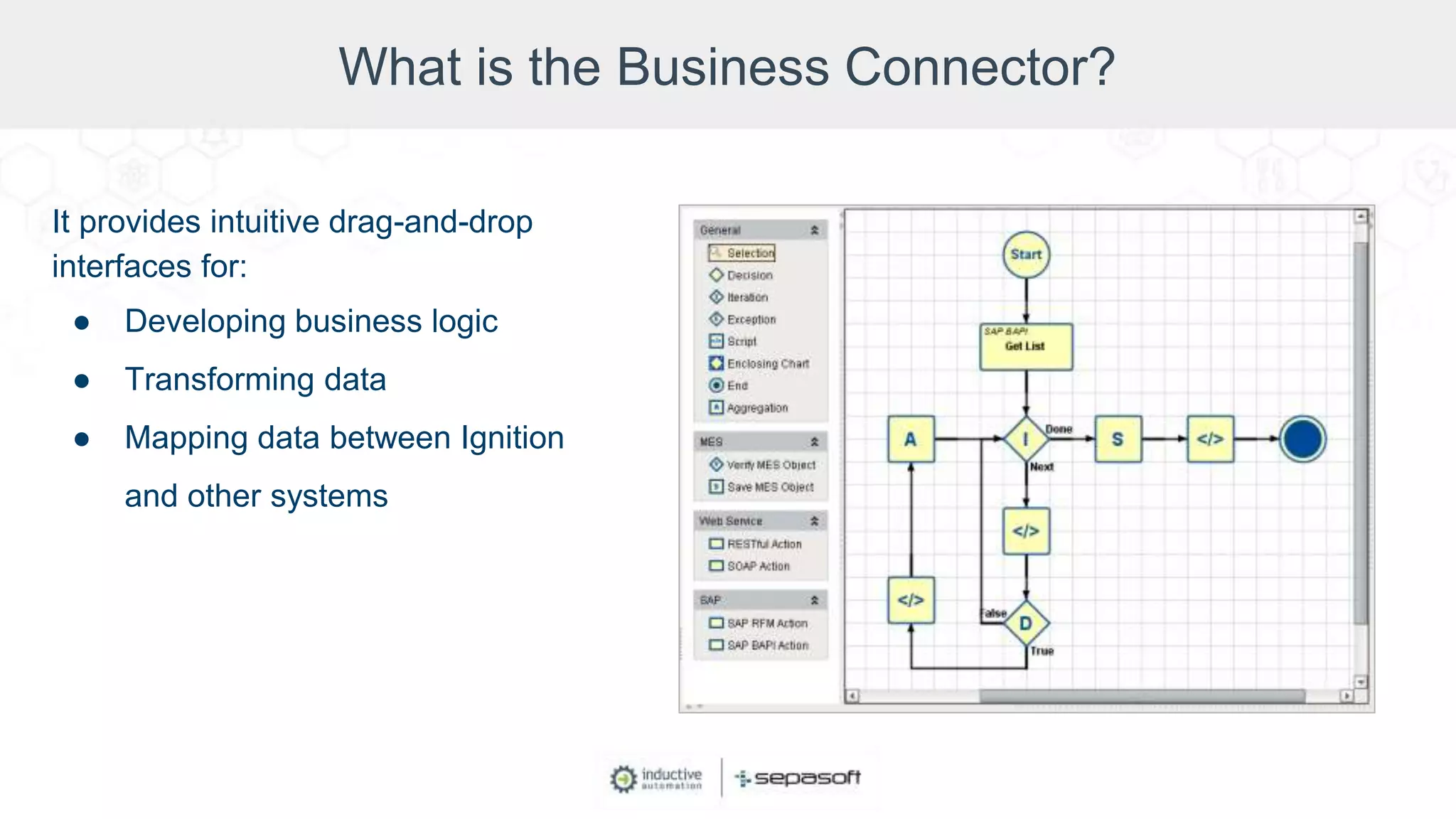What is the Business Connector?
It provides intuitive drag-and-drop
interfaces for:
● Developing business logic
● Transforming data
● Mapping data between Ignition
and other systems
 