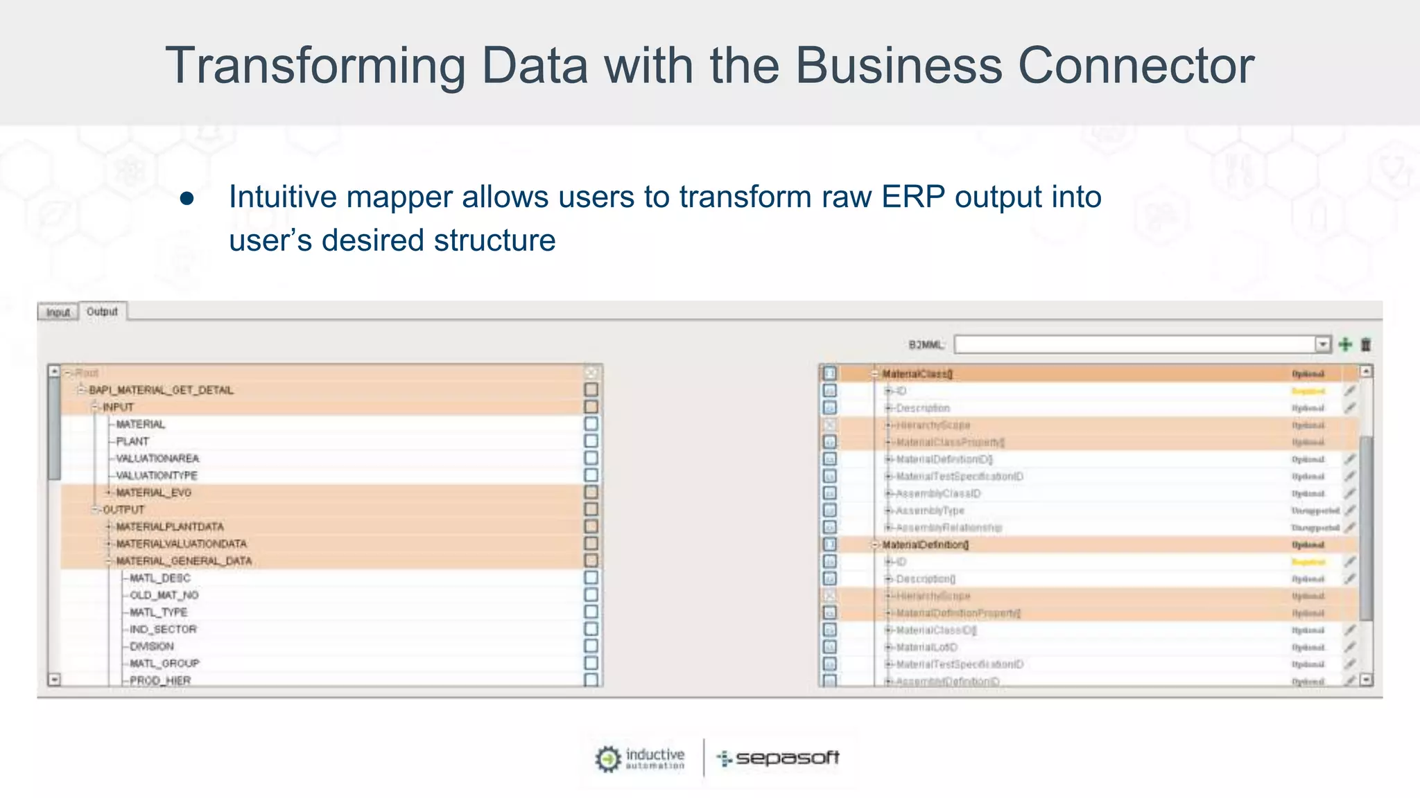 Transforming Data with the Business Connector
● Intuitive mapper allows users to transform raw ERP output into
user’s desired structure
 