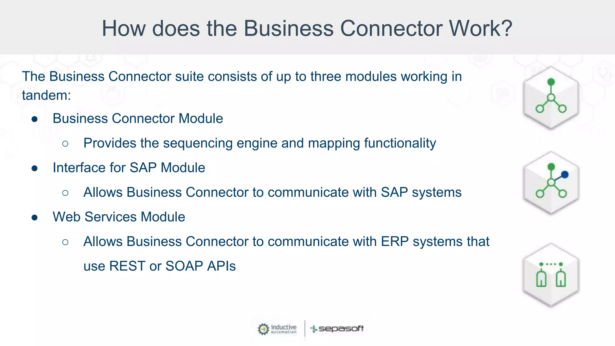 How does the Business Connector Work?
The Business Connector suite consists of up to three modules working in
tandem:
● Business Connector Module
○ Provides the sequencing engine and mapping functionality
● Interface for SAP Module
○ Allows Business Connector to communicate with SAP systems
● Web Services Module
○ Allows Business Connector to communicate with ERP systems that
use REST or SOAP APIs
 