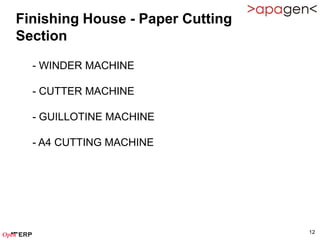 Finishing House - Paper Cutting
Section

  - WINDER MACHINE

  - CUTTER MACHINE

  - GUILLOTINE MACHINE

  - A4 CUTTING MACHINE




                                  12
 