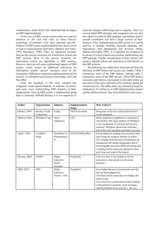 customization. Each of the CSFs identified had an impact           undo the changes ERP brings into a company. There are
on ERP implementations.                                            several failed ERP attempts, and companies lost not only
     In the case of ERP, system success takes on a special         the capital invested in ERP packages and millions paid to
attention as the cost and risks of these massive                   outside consultants, but also a major portion of their
technology investments rival their potential pay-offs.             business. Thus, Implementing an ERP system is a careful
Failures of ERP system implementation have been known              exercise in strategic thinking, precision planning, and
to lead to organizational bankruptcy (Markus and Tanis,            negotiations with departments and divisions (Bingi,
1999; Davenport, 1998). There are significant overlaps             Sharma and Godla, 1999). It is important for companies to
between the success measures for information system and            be aware of certain critical issues before implementing any
ERP systems. Most of the success measures for                      ERP package. Careful consideration of these factors will
information system are applicable to ERP systems.                  ensure a smooth rollout and realization of full benefits of
However, there are still some sophisticated aspects of ERP         the ERP solution.
system, which cannot be addressed effectively by                         The following two tables have been derived from the
information system success measures such as the                    literature on ERP failure and success case studies. Table 2
tremendous difficulties in practical implementation and the        summarizes some of the ERP failures, whereas table 3
transfer of embedded tacit business knowledge (Tan and             summarizes some of the ERP success. These ERP project
Pan, 2002).                                                        successes and failures represented in the table below are
     From the literature, it has been realized that                just some of the cases reported in the literature during the
companies could spend hundreds of millions of dollars              research period. The tables show the substantial negative
and many years implementing ERP solutions in their                 implications for failing in an ERP implementation project
organizations. Once an ERP system is implemented, going            and the different factors that were identified as the cause.
back is extremely difficult because it is too expensive to


 Author            Organization      Industry         Implementation            Why Failure?
                                                      Scope
 (Okolica, 2001)   Hershey Foods     Candy            SAP $110 million          Integration of the two systems had not been
                   Corporation                                                  tested adequately
 (Okolica, 2001)   Whirlpool Corp    Home             SAP                       Delay shipments of appliances to distributors
                                     Appliances                                 and retailers. One major problem of Whirlpool
                                                                                is the coordination of technical and business
                                                                                expertise. Whirlpool ignored the cautionary
                                                                                advice from the consultant and chose to go live.
 (Scott, 1999)     FoxMeyer          Distributor of   SAP/ R3 $500 million      Excess Shipment resulting from incorrect order
                   Drugs             Pharmaceutica                              and costing the company millions of dollars.
                                     ls                                         The company failed because of inadequate risk
                                                                                management and change management, lack of
                                                                                knowledgeable personnel, BPR and training and
                                                                                re-skilling for the employees and lack of clear
                                                                                goal focus and scope of the project.
 (Nielsen, 2002)   UNSW              Higher           PeopleSoft                Cost over runs. It was expensive for the
                                     Education                                  university to take people out of normal
                                     Sector -                                   positions.
                                     Australia
 (SMU 2001)        SMU               Higher           PeopleSoft                Over budget because of unexpected costs that
                                     Education                                  had not been budgeted for.
                                     Section - USA                              20 million (AUS) reportedly over budget (40
                                                                                million total).
                                                                                First university to implement all three modules
                                                                                of PeopleSoft in Australia. Staff not happy
                                                                                with the benefits of the systems v. the cost.
 