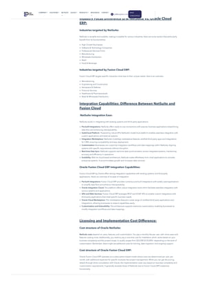 tailored to their specific needs.
Industry Focus Difference b/w NetSuite vs. Oracle Cloud
ERP:
Industries targeted by NetSuite:
NetSuite is versatile and scalable, making it suitable for various industries. Here are some sectors that particularly
benefit from its functionalities:
High Growth Businesses
Software & Technology Companies
Professional Services Firms
Manufacturing
Wholesale Distribution
Retail
Food & Beverage
Industries targeted by Fusion Cloud ERP:
Fusion Cloud ERP targets specific industries more due to their unique needs. Here is an overview:
Manufacturing
Engineering and Construction
Aerospace & Defense
Financial Services
Healthcare & Pharmaceuticals
Retail & Wholesale Distribution
Integration Capabilities: Difference Between NetSuite and
Fusion Cloud
NetSuite Integration Ease:
NetSuite excels in integrating with existing systems and third-party applications:
Pre-built Integrations: NetSuite offers ready-to-use connections with popular business applications streamlining
data flow and enhancing interoperability.
SuiteCloud Platform: Powered by robust APIs NetSuite’s SuiteCloud platform enables seamless integration with
custom applications and external systems.
Integration Marketplace: NetSuite’s SuiteApp marketplace features certified third-party apps and integrations
for CRM, ensuring compatibility and easy deployment.
Customization: Businesses can customize integration workflows and data mappings within NetSuite, aligning
systems with specific requirements without disruption.
Real-time Data Sync: NetSuite supports real-time data synchronization across integrated systems, maintaining
accuracy and efficiency in operations.
Scalability: With its cloud-based architecture, NetSuite scales effortlessly from small applications to complex
enterprise systems. It accommodates growth and increases data volumes.
Oracle Fusion Cloud ERP Integration Capabilities:
Fusion Cloud ERP by Oracle offers strong integration capabilities with existing systems and third-party
applications. Here’s an overview of its ease of integration:
Pre-built Integrations: Fusion Cloud ERP provides numerous pre-built integrations with widely used applications
to simplify data flow and enhance interoperability.
Oracle Integration Cloud: This platform offers robust integration tools which facilitate seamless integration with
various systems and applications.
APIs and Web Services: Fusion Cloud ERP leverages REST and SOAP APIs to enable custom integrations with
third-party applications that meet specific business needs.
Oracle Cloud Marketplace: This marketplace features a wide range of certified third-party applications and
integrations, allowing businesses to extend capabilities easily.
Customization and Extensibility: The architecture supports extensive customization, enabling businesses to
modify integration workflows and data mappings.
Licensing and Implementation Cost Difference:
Cost structure of Oracle NetSuite:
NetSuite costs depend on users, features, and customization. You pay a monthly fee per user, with more users and
features costing more. Additionally, you need to pay a one-time cost for installation which varies based on your
business complexity and the project scope. It usually ranges from $25,000-$150,000+ depending on the level of
customization. Remember, there might be additional costs for training, data migration, and ongoing support.
Cost structure of Oracle Fusion Cloud ERP:
Oracle Fusion Cloud ERP operates on a subscription-based model where costs are determined per user, per
month, with additional expenses for specific modules like project management. While you can get the pricing
details through direct consultation with Oracle, the implementation costs vary based on business complexity and
customization requirements. It generally exceeds those of NetSuite due to Fusion Cloud ERP’s extensive
functionality.
NETSUITE RESOURCES CONTACT
 biz@erppeers.com
BOOK
CONSULTATION
COMPANY SOLUTIONS CELIGO PRODUCTS
 