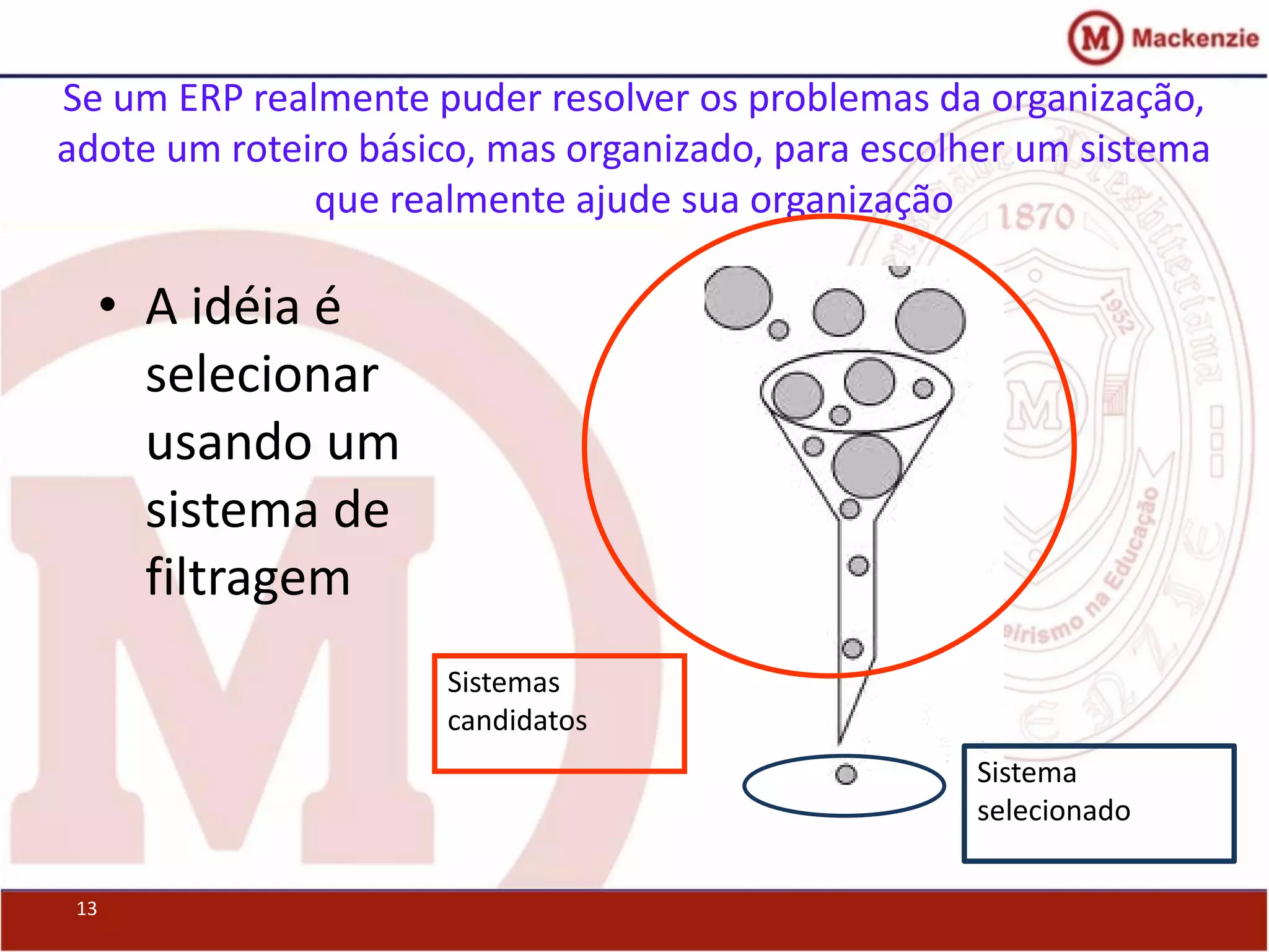 Se um ERP realmente puder resolver os problemas da organização,
adote um roteiro básico, mas organizado, para escolher um sistema
que realmente ajude sua organização
• A idéia é
selecionar
usando um
sistema de
filtragem
13
Sistemas
candidatos
Sistema
selecionado
 