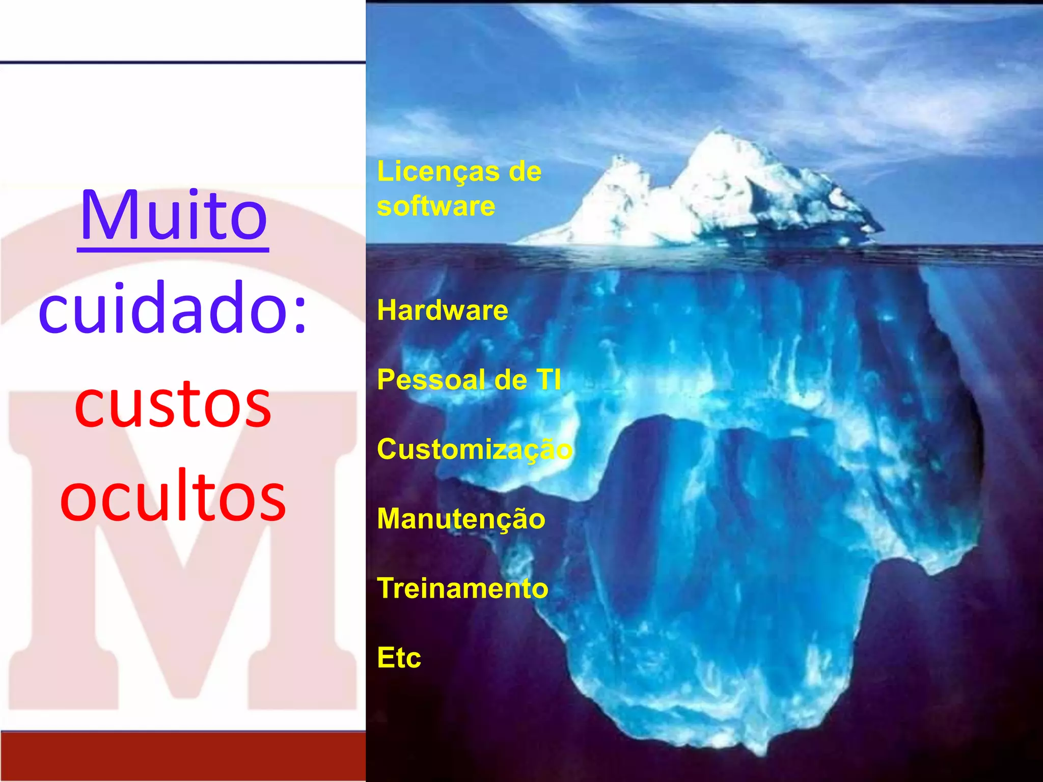 Muito
cuidado:
custos
ocultos
Licenças de
software
Hardware
Pessoal de TI
Customização
Manutenção
Treinamento
Etc
 