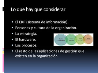 Lo que hay que considerar

 El ERP (sistema de información).
 Personas y cultura de la organización.
 La estrategia.
 El hardware.
 Los procesos.
 El resto de las aplicaciones de gestión que
  existen en la organización.
 