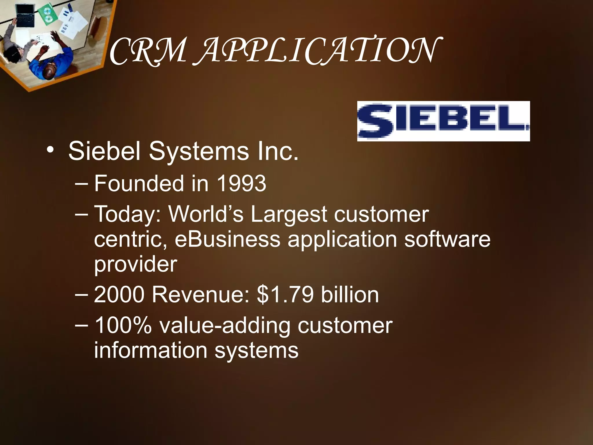 CRM APPLICATION

• Siebel Systems Inc.
  – Founded in 1993
  – Today: World’s Largest customer
    centric, eBusiness application software
    provider
  – 2000 Revenue: $1.79 billion
  – 100% value-adding customer
    information systems
 