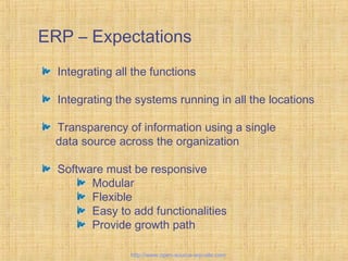 ERP – Expectations
Integrating all the functions
Integrating the systems running in all the locations
Transparency of information using a single
data source across the organization
Software must be responsive
Modular
Flexible
Easy to add functionalities
Provide growth path
EnterpriseResourcePlanning
http://www.open-source-erp-site.com
 