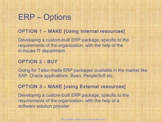 ERP – Options
OPTION 1 – MAKE [Using Internal resources]
Developing a custom-built ERP package, specific to the
requirements of the organization, with the help of the
in-house IT department
OPTION 2 - BUY
Going for Tailor-made ERP packages available in the market like
SAP, Oracle applications, Baan, PeopleSoft etc.
OPTION 3 – MAKE [using External resources]
Developing a custom-built ERP package, specific to the
requirements of the organization, with the help of a
software solution provider
EnterpriseResourcePlanning
http://www.open-source-erp-site.com
 