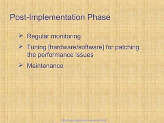 Post-Implementation Phase
 Regular monitoring
 Tuning [hardware/software] for patching
the performance issues
 Maintenance
Tailor-madeERPsolutions
http://www.open-source-erp-site.com
 