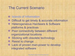 The Current Scenario
Islands of Information
Difficult to get timely & accurate information
Heterogeneous Hardware & Software
platforms & practices
Poor connectivity between different
organizational locations
Sticking with obsolete technology
Resist to change
Lack of proven man-power to develop
integrated software
EnterpriseResourcePlanning
http://www.open-source-erp-site.com
 