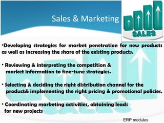 Sales & Marketing

•Developing strategies for market penetration for new products
as well as increasing the share of the existing products.

• Reviewing & interpreting the competition &
  market information to fine-tune strategies.

• Selecting & deciding the right distribution channel for the
  product& implementing the right pricing & promotional policies.

• Coordinating marketing activities, obtaining leads
  for new projects
                                                  ERP modules
 