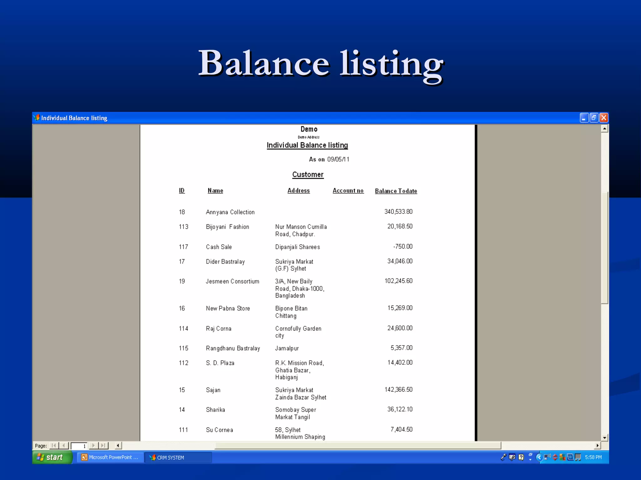Balance listing
 