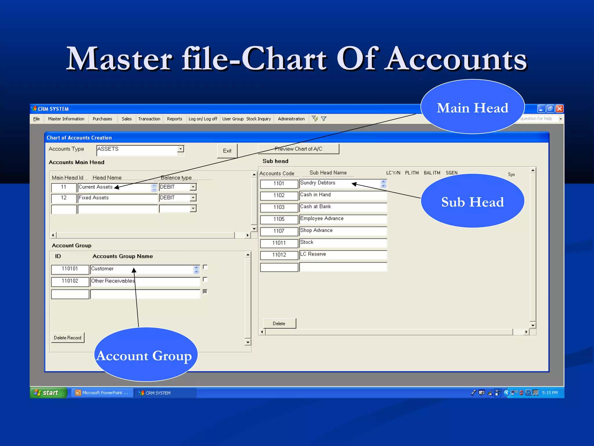 Master file-Chart Of Accounts
                       Main Head




                       Sub Head




 Account Group
 