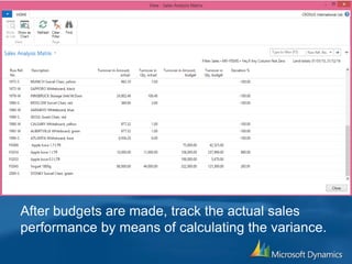 After budgets are made, track the actual sales
performance by means of calculating the variance.
 