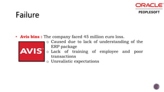 • Avis bins : The company faced 45 million euro loss.
o Caused due to lack of understanding of the
ERP package
o Lack of training of employee and poor
transactions
o Unrealistic expectations
 