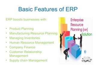 Basic Features of ERP
ERP boosts businesses with:
• Product Planning
• Manufacturing Resource Planning
• Managing Inventories
• Human Resource Management
• Company Finance
• Customer Relationship
Management
• Supply chain Management
 