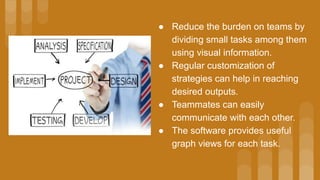 ● Reduce the burden on teams by
dividing small tasks among them
using visual information.
● Regular customization of
strategies can help in reaching
desired outputs.
● Teammates can easily
communicate with each other.
● The software provides useful
graph views for each task.
 
