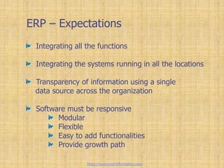 ERP – Expectations
Integrating all the functions
Integrating the systems running in all the locations
Transparency of information using a single
data source across the organization
Software must be responsive
Modular
Flexible
Easy to add functionalities
Provide growth path
https://www.erp-information.com
 